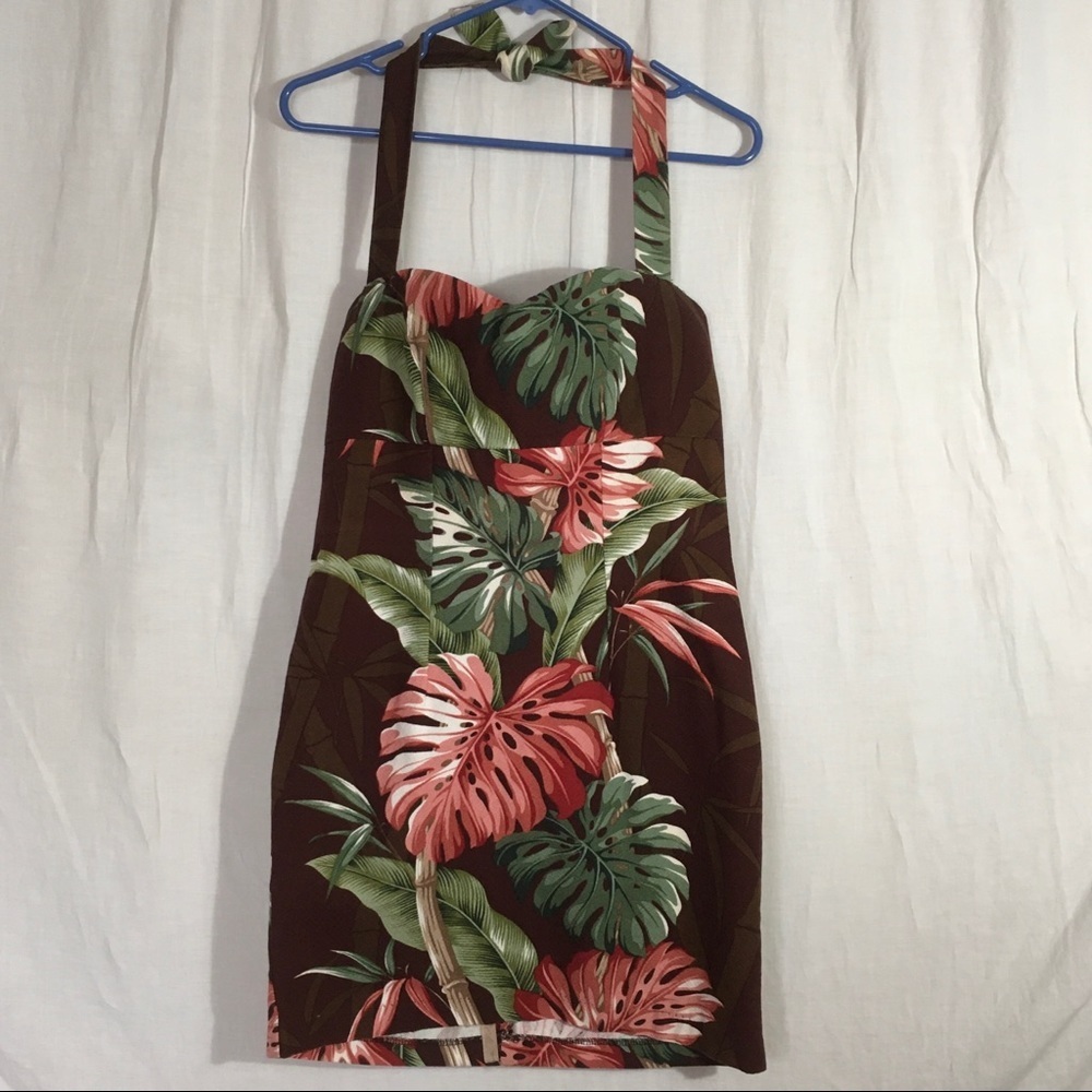 Hawaiian Barkcloth Tropical Halter Backless Dress‎